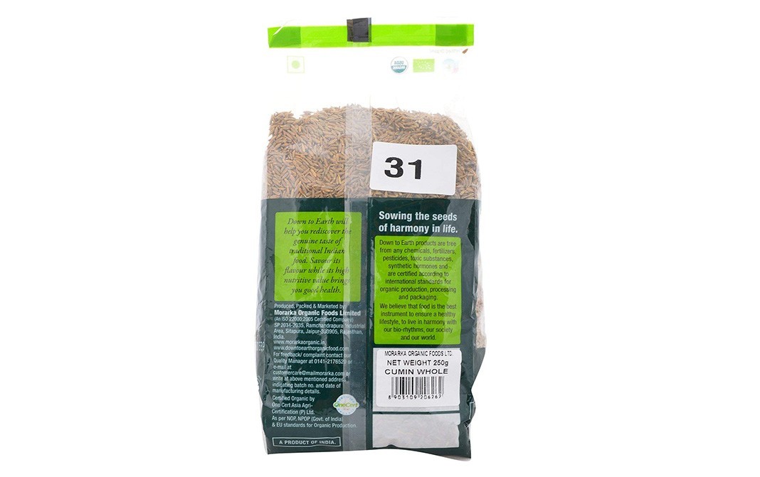 Down To Earth Organic Cumin Whole    Pack  250 grams